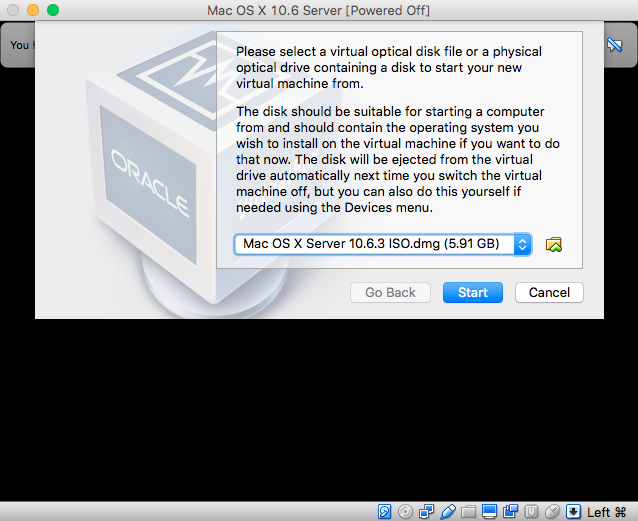 VirtualBox Mac OS X 10.6 Server install DVD ISO image file selected
