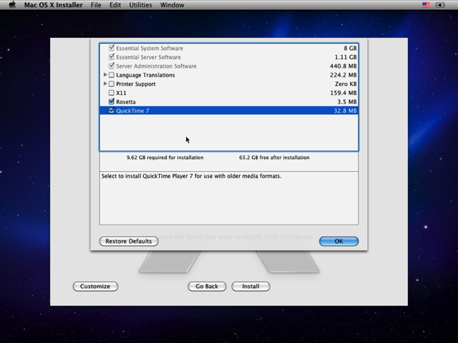 VirtualBox Mac OS X 10.6 Server install customize options