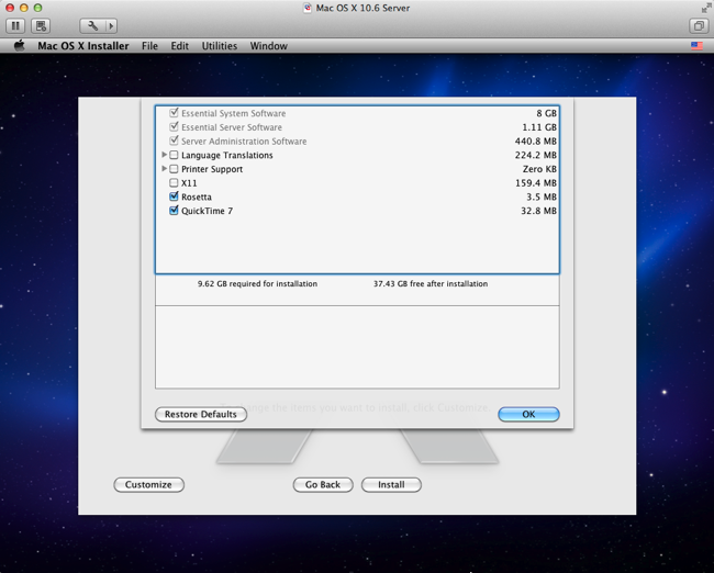 VMWare Fusion Mac OS X 10.6 Server install customize options
